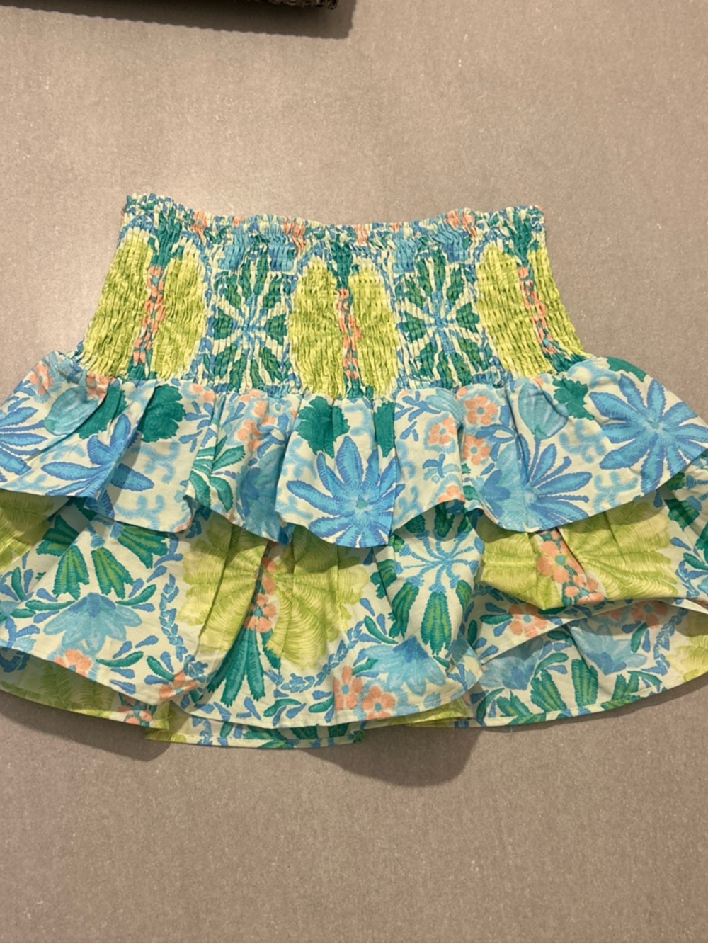 Olivaceous Blue, Green & Pink Floral Tiered Mini Skirt